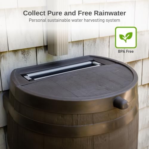50-Gallon Dual Spigot Rain Barrel, Flat Back Rain Water Collection Barrel, Stand Included, Walnut Color