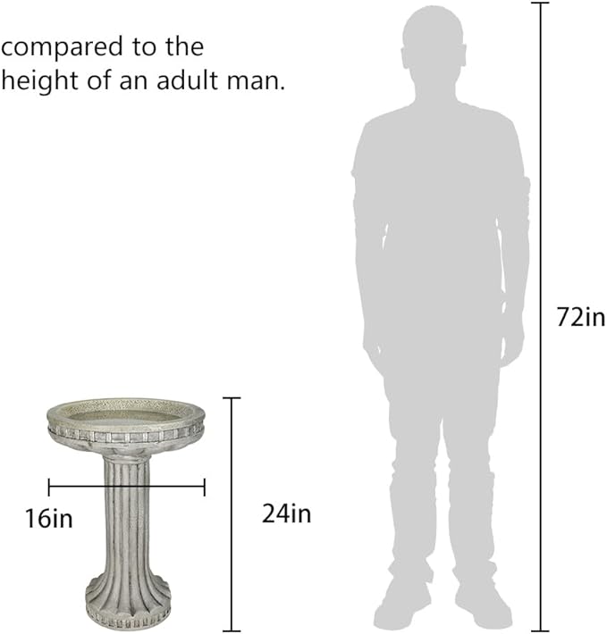 24 Inch Height Outdoor Bird Bath - Fibre Reinforced Concrete Large Bird Bath Stylish with Modern Pedestal for Garden, Patio, Backyard, Lawn - 16”W X 24”H Contemporary Birdbaths & Supports