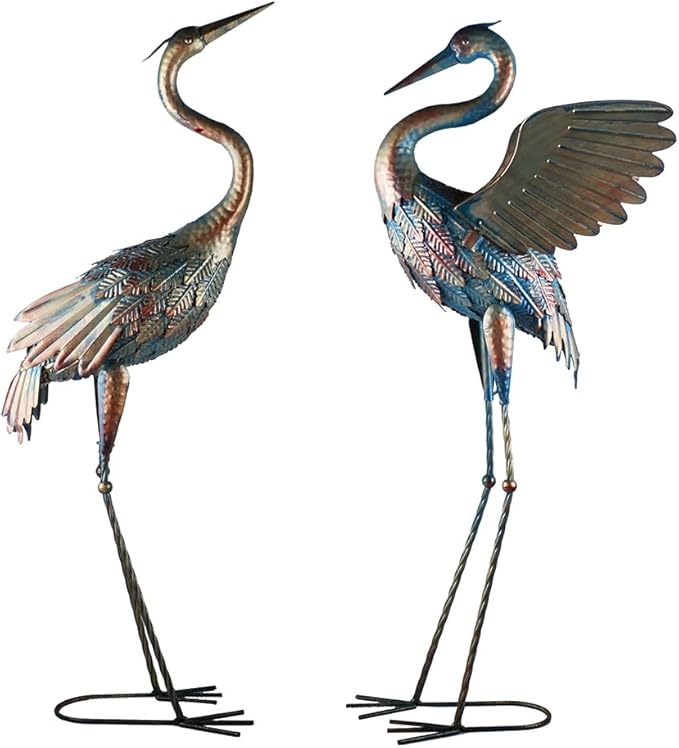 Garden Cranes Statue Retro Animal Sculpture Standing Metal Crane Garden Decoration Metal Yard Art for Yard Outdoor Decoration Set of 2