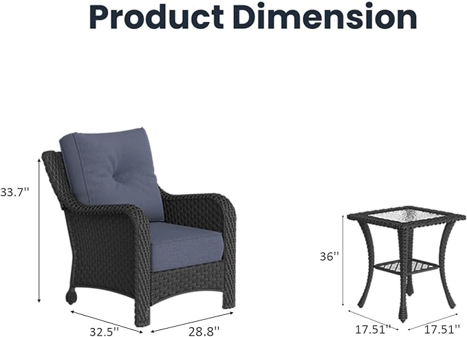 3 Pieces Outdoor Patio Furniture Sets with Single Chairs with 6-inch Thick Cushion and Side Table for Deck Lawn