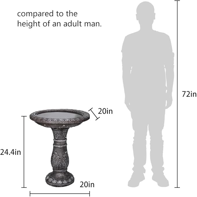 24.4" H Cement Bird Bath for Garden- Fibre Reinforced Concrete Bird Baths for Outdoors, Large Size Vintage Carved Pedestal Birdbath for Patio, Yard, Lawn -20”Dia. X 24.4”H Bird Fountain