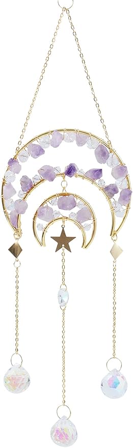 Amethyst Crystals Suncatcher - Hanging Moon Sun Catcher with Glass Prisms for Windows, Healing Amethyst Crystal Decor for Home, Gift for Christmas Birthday Valentine Mothers Day