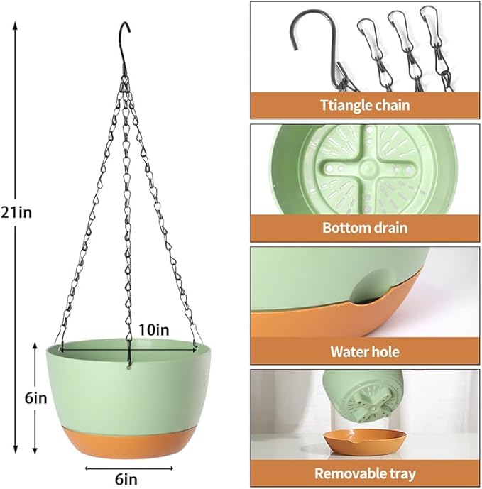 2 Pack Plastic Hanging Planters Set ,10 Inch Hanging Flower Plant Pot with Drainage Hole for Indoor Outdoor Plants, Round Hanging Basket with Removable Tray for Home Garden Porch Balcony Patio Decore
