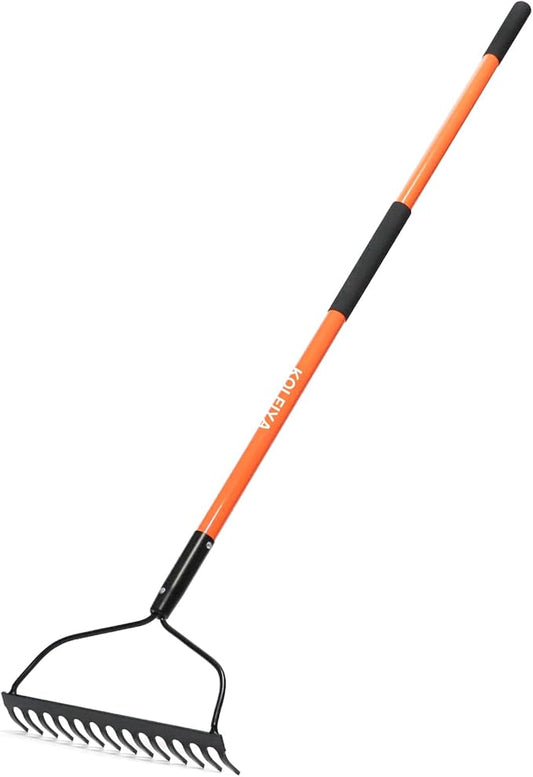 Garden Rake Heavy Duty with Orange Fiberglass Handle - 14-Tooth Metal Yard Hard Rake for Gardening, Farming, and Yard Work ,57 Inch