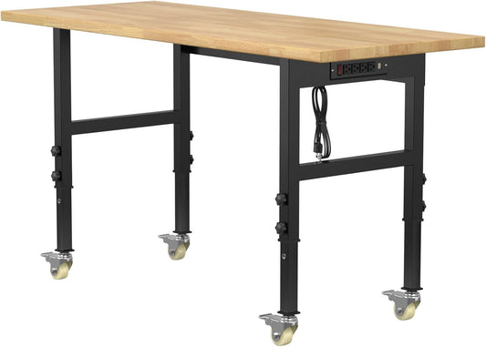 60" Adjustable Workbench,Heavy-Duty Work Table,3000 LBS Load Capacity Hardwood Workstation Outlets with Power Strips and Wheels,for Workshop, Garage
