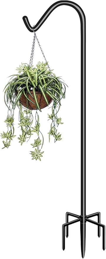 Garbuildman 60 Inch Tall Shepherd Hooks with 5-Forked Base, Adjustable Heavy Duty Bird Feeder Pole Stand Hanger for Outdoor, Shiny Black, 1 Pack