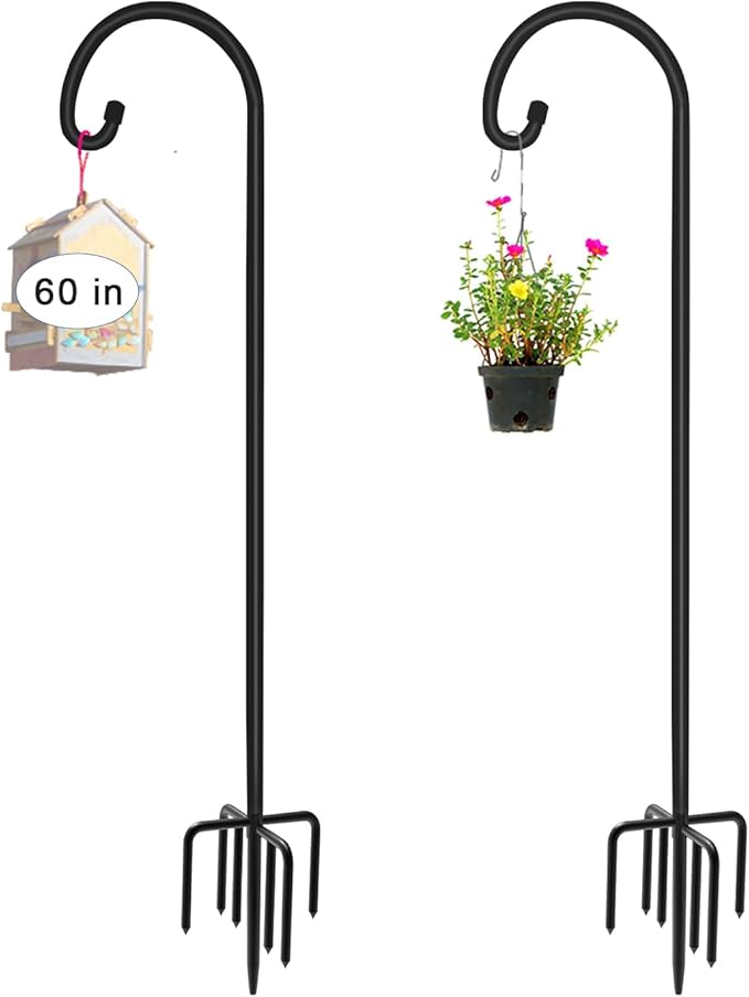 60 inch Outdoor Shepherd Hook with 5 Prong Base (2 Packs), Adjustable Heavy Duty Garden Hanging Stake for Bird Feeder Solar Light Plant Hanger Wedding Decor, Matte Black