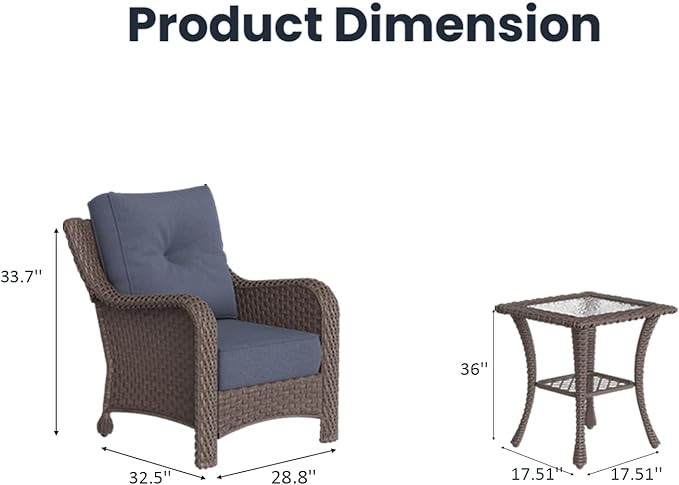 3 Pieces Outdoor Patio Furniture Sets with Single Chairs with 6-inch Thick Cushion and Side Table for Deck Lawn