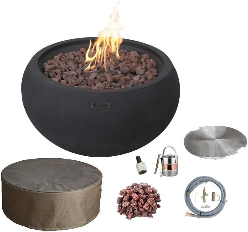 AMS Fireplace | Modeno York Package | Black Natural Gas Fire Pit Table for Outside Patio Bundle with SS Burner Lid | Free Ice Bucket