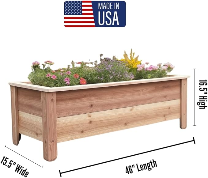 Handmade Custom Heavy Duty Rectangular Raised Cedar Wood Garden Planter Box – 46", 36", 24" – Indoor/Outdoor Farmhouse Style for Flowers & Vegetables – Made in USA (46" L x 15.5" W x 16.5" H)
