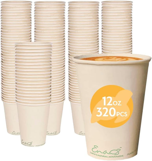 100% Compostable Disposable Coffee Cups [12oz 320 Pack] Paper Cups Made from Bamboo, Eco-Friendly, Biodegradable Premium Party Cups, Natural Unbleached by Earth's Natural Alternative