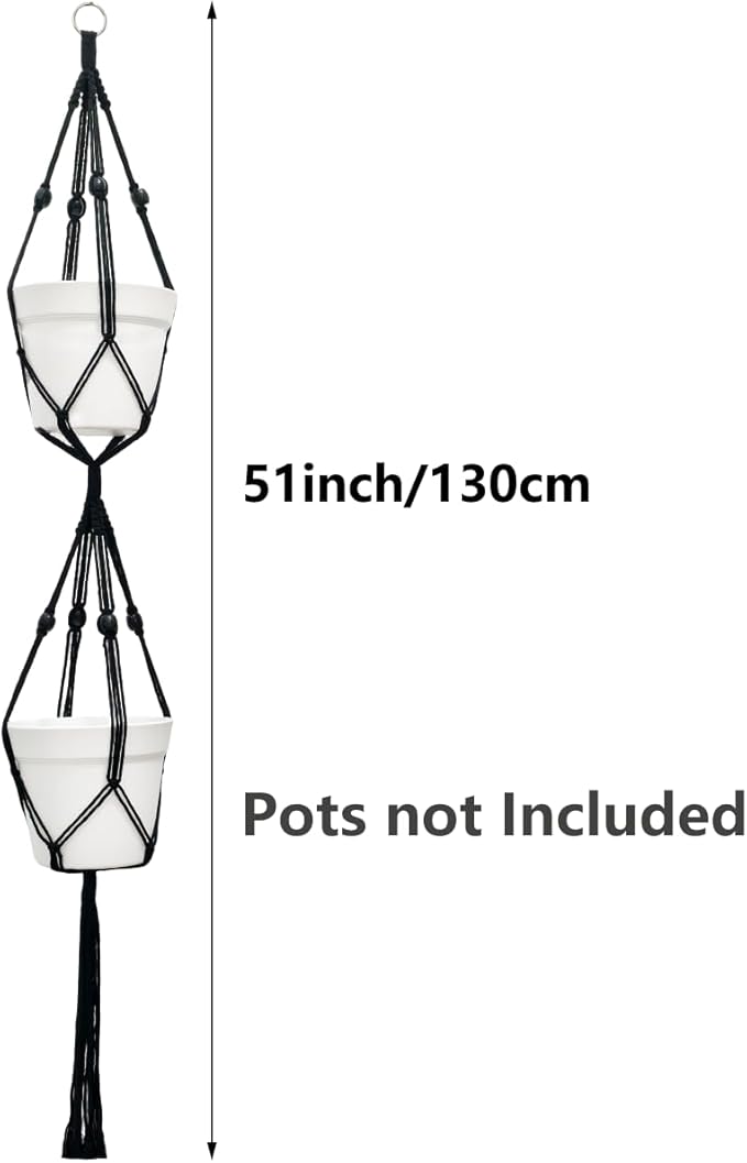 Belit 2 Pack Double Macrame Plant Hangers 2 Tier Hanging Planter Basket Decorative Flower Pot Holder Rope for Indoor Outdoor Home Decor 51 Inch, Black