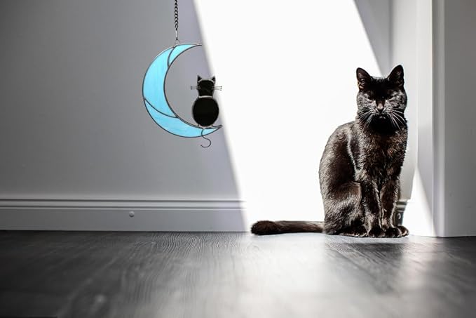 Black Cat Stained Glass Suncatcher,Cat Memorial Gifts for Loss of Cat,Cat Mom Gifts,Cat Sympathy Gifts for Cat Lovers,Window Hanging Ornament