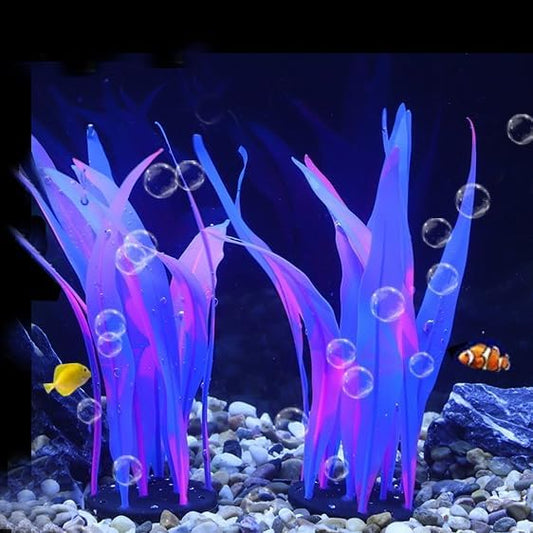2Pcs Soft Silicone Aquarium Plants Glowing Kelp Fish Tank Plants Decor Artificial Aquarium Plant Decoration Simulation Artificial Water Grass for Fish Tank,Blue,7inch