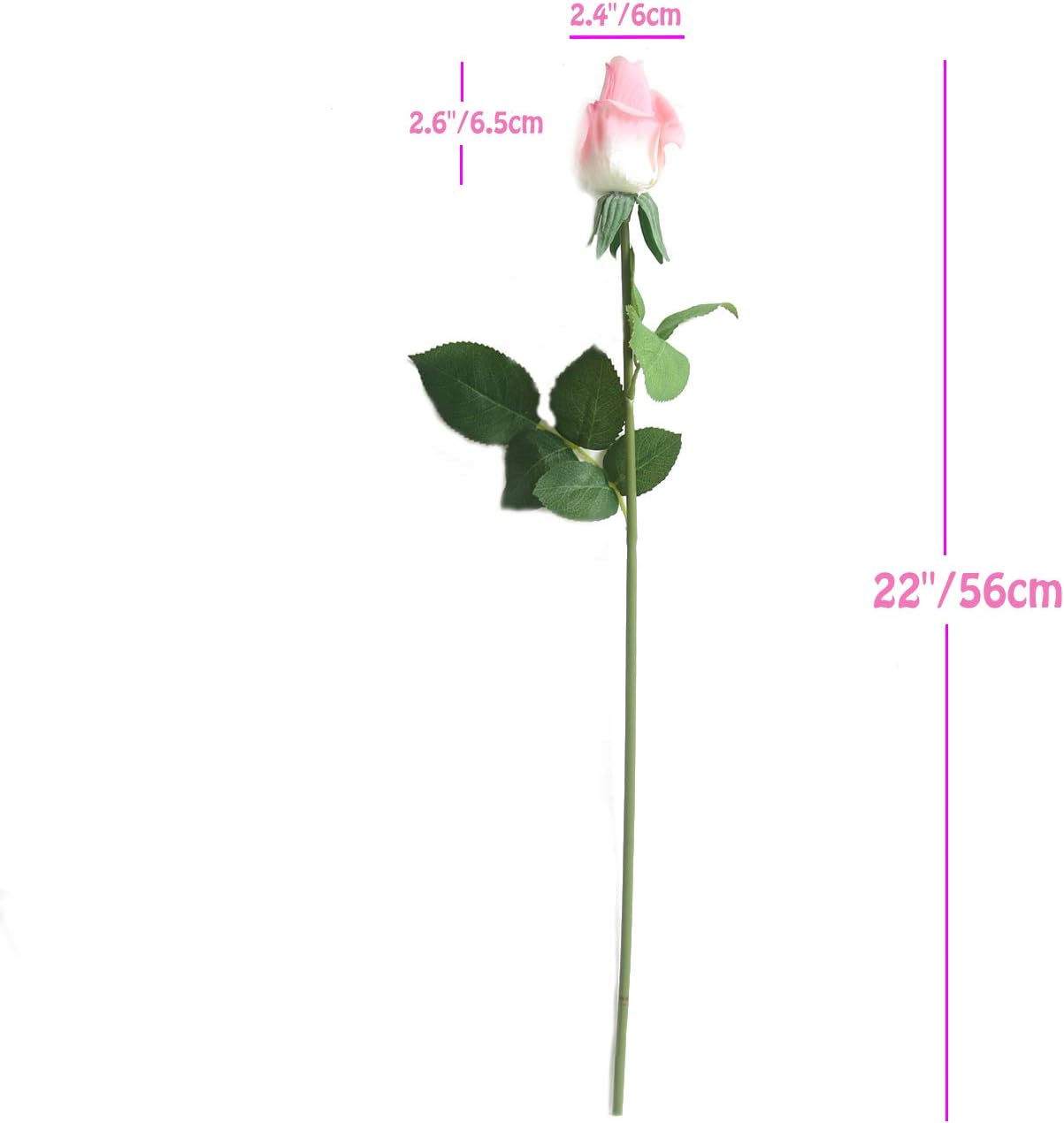 12pcs Real Look Artificial Rose Buds, 22 Inch Real Touch Silk Rosebud, Realistic Design Artificial Flower with Real Feel Petals,Silk Flower Bud for Wedding Home Décor,White with Pink Heart