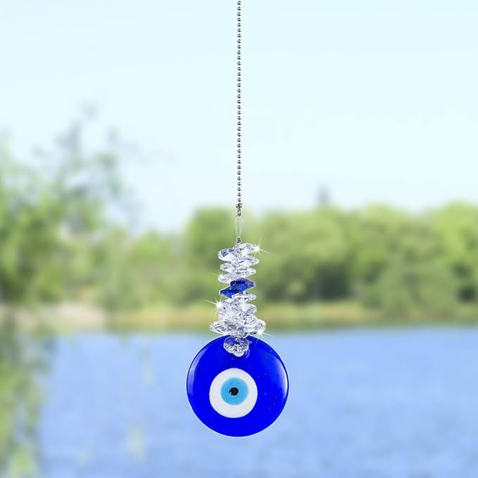 Blue Glass Evil Eye Talisman with Crystal Beads - Good Luck Charm, Home, Office, Car Decoration, Blessing Ornament, Reflects Negative Energy