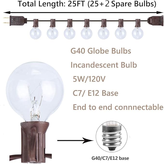 GOOTHY Outdoor String Lights, 25FT Hanging Patio Lights String with 27 G40 Clear Globe Bulbs (2 Spare), Connectable Globe String Lights for Indoor Outdoor Garden Commercial Decor, C7/E12 Base - Brown