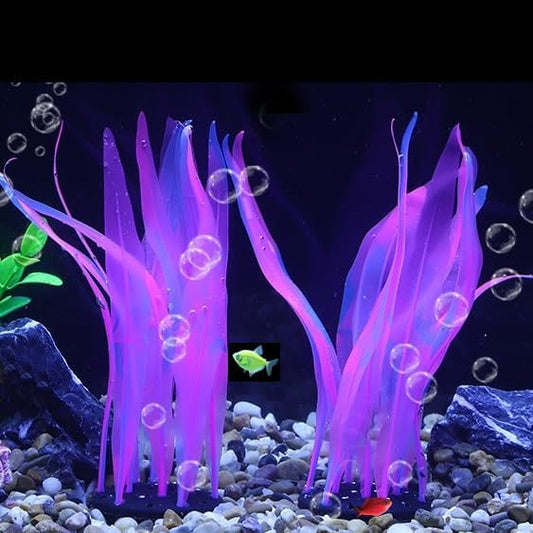 2Pcs Soft Silicone Aquarium Plants Glowing Kelp Fish Tank Plants Decor Artificial Aquarium Plant Decoration Simulation Artificial Water Grass for Fish Tank,Pink,7inch