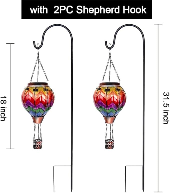 2PCS Solar Hot Air Balloon Lanterns with Flame with Shepherd's Hooks, Glass Hanging Flickering Lights Outdoor Waterproof for Garden Tree Yard Patio Mother's Day Gift, 18" H Wavy-Colorful