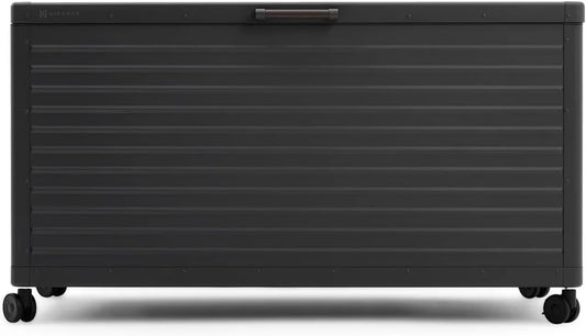 175 Gallon Outdoor Storage Box Waterproof, Metal Deck Box with wheels for Patio Furniture, Garden Tools, Outdoor Cushion, Charcoal