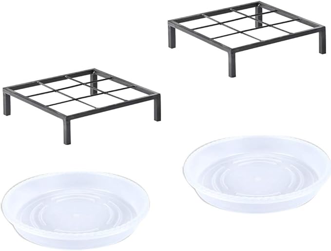 9.8" Metal Heavy Duty Potted Plant Stand Flower Pot Holder with Saucer Indoor Outdoor Rustproof Iron Garden Container Square Supports Rack for Planter ,2 Pack(iron color )