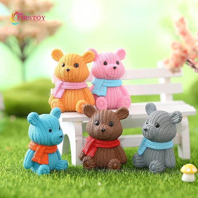 8Pcs Mini Resin Teddy Bear Figurines Cute Scarf Bears Desktop Ornaments Car Interior Decoration Garden FigurinesTiny Bear Statues Animals Sculpture Micro Landscape