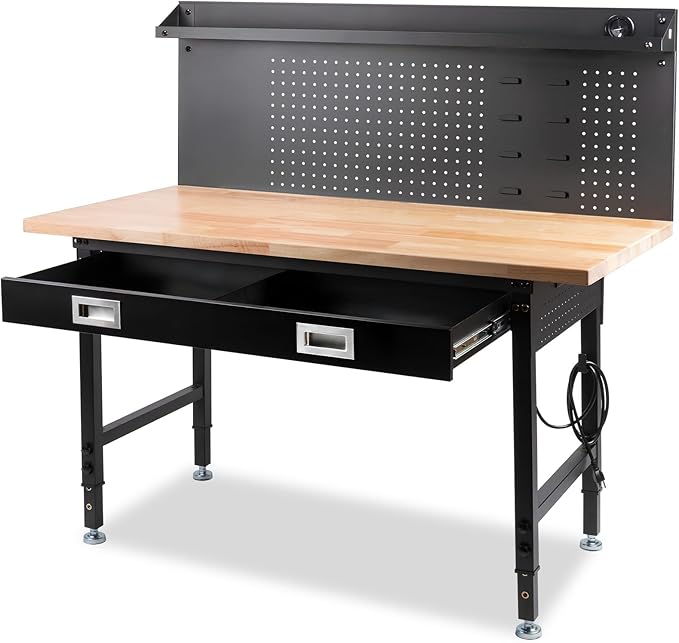 60" Workbench with Drawers, Work Benches for Garage with Strip Light, Adjustable Work Table with Large Pegboard, 2000 LBS Heavy Duty Table with Power Outlet Rubber Wood for Garage, Office