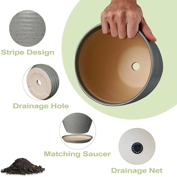 12 Inch Plant Pot, Ceramic Planter Pot with Drainage Hole and Saucer Round Large Flower Pot for Indoor Plants, Light Gray