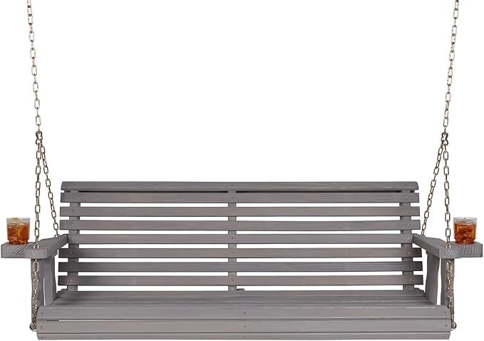 Amish Casual 5 Foot Roll Back Porch Swing with Cup Holders in Semi-Solid Grey Stain - Amish Made in The USA from Treated Pine Heavy Duty 700 Lb. Weight Capacity
