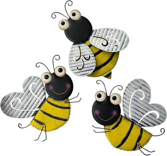 3 Pcs Metal Bee Wall Decor, Cute Bumble Bee Sculpture, Funny Animal Wall Decor - Yellow Bodies, Black Stripes, Large Eyes for Home Office Decor (Bee)