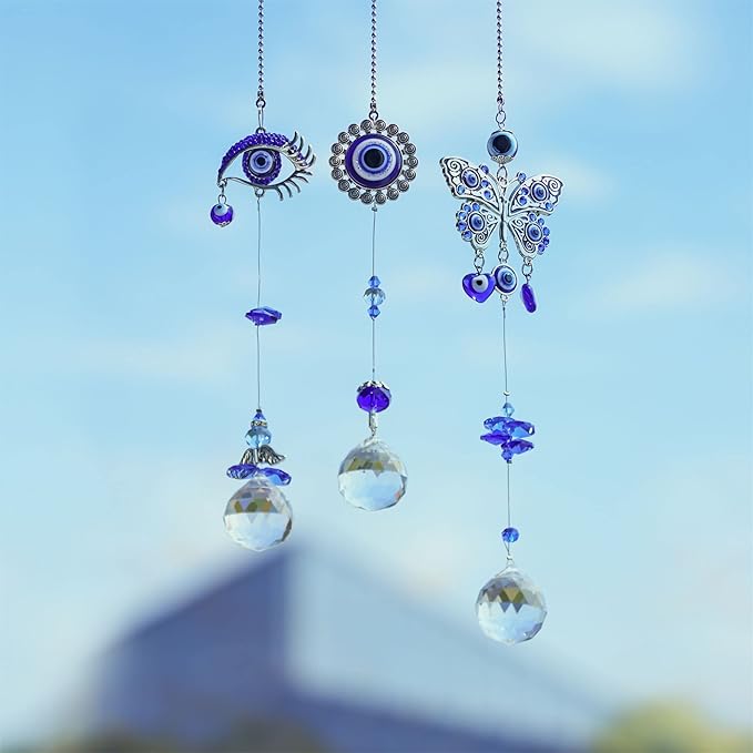3pcs Evil Eye Suncatchers with Crystal Prism Balls Window Hanging Decoration Ornament Sun Catchers Rainbow Maker Pendant