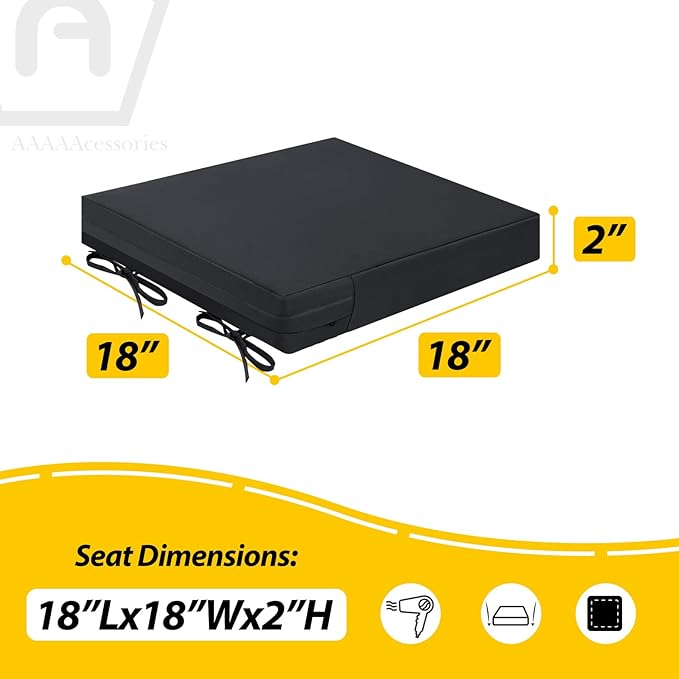 AAAAAcessories Outdoor Seat Cushions for Chairs, Waterproof, Fade-Resistant Patio Furniture Replacement Cushions, 18" x 18" x 2", Set of 2, Black