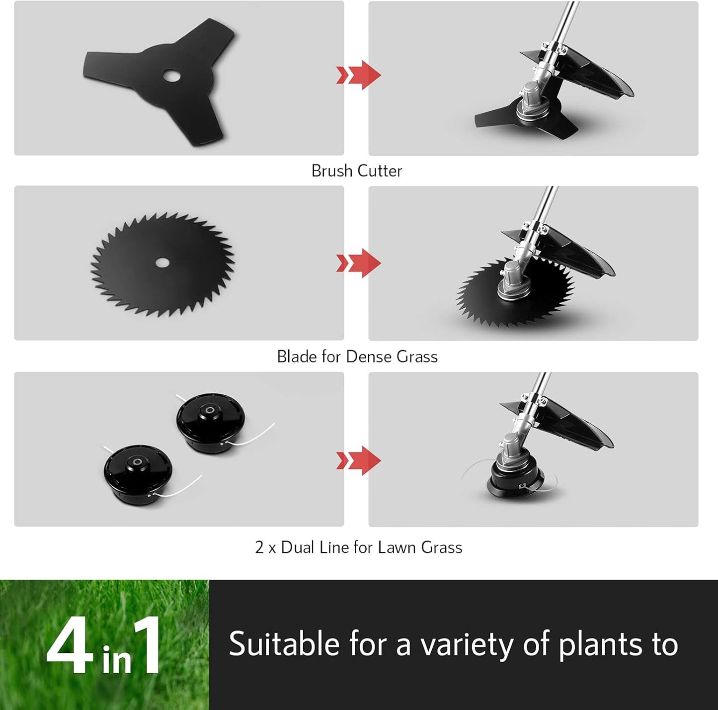 58CC Weed Wacker Brush Cutter, Gas Powered String Trimmer 4-in-1 Gas Weed Eater with 4 Detachable Heads Straight Shaft 2-Cycle for Weed, Brush(Orange)