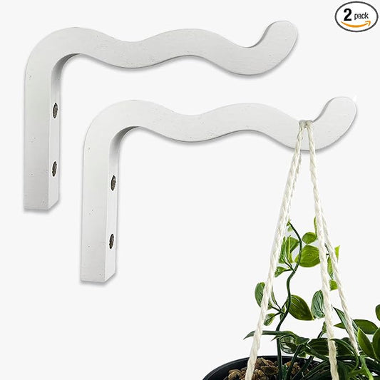 2-Piece Set of Wavy Wooden Wall Planters for Indoor Plants 6 Inch - Natural Plant Hook for Wall Plant, Wind Chimes, Flower Brackets, Patio Garden Decorations - Bracket Plant Hanger (White)