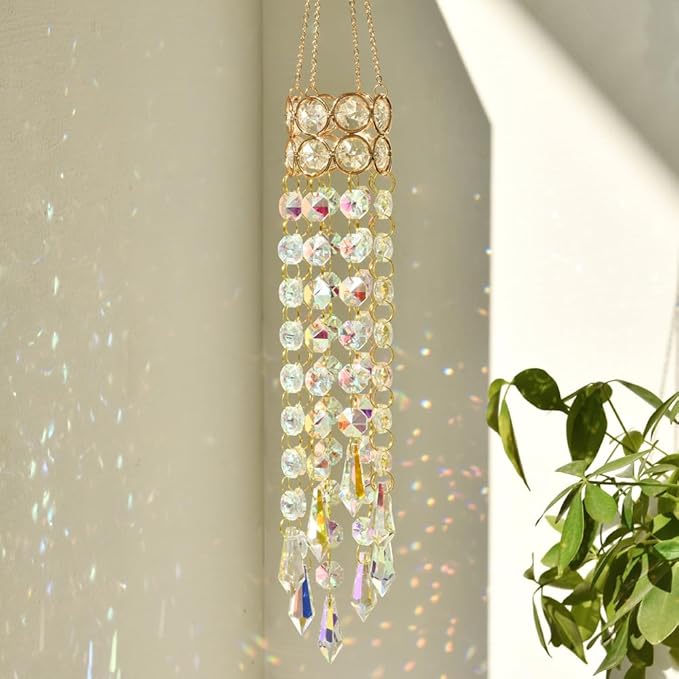 Hanging Window Garden Crystal Sun Catcher, Gold-Plated Sun Catcher for Indoor and Outdoor Decoration, Light Catcher, Party Crystals (AB Colour)
