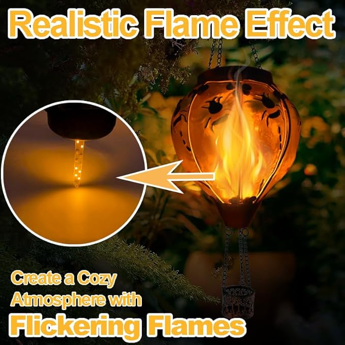 2PCS Solar Hot Air Balloon Lanterns with Flame with Shepherd's Hooks, Glass Hanging Flickering Lights Outdoor Waterproof for Garden Tree Yard Patio Mother's Day Gift, 18" H Bee