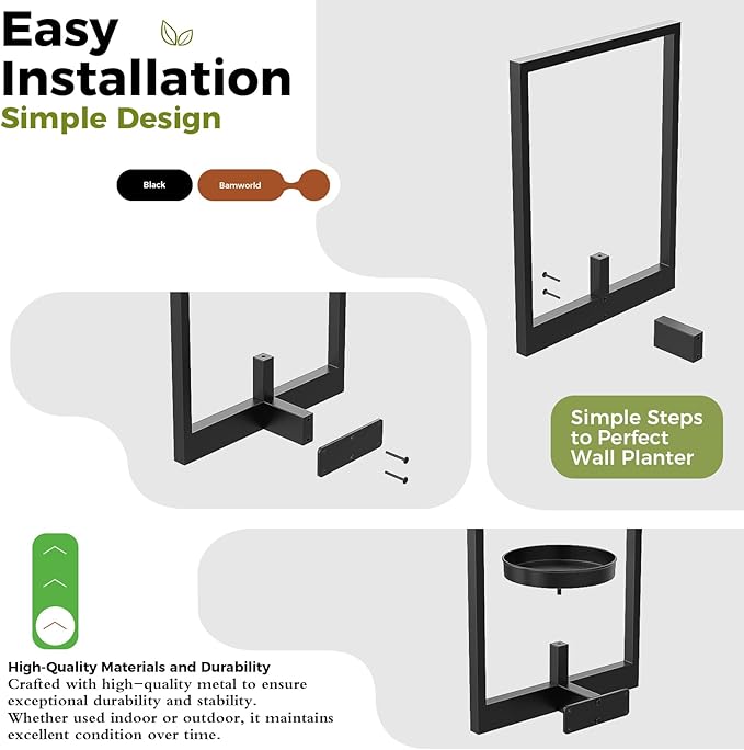 Bamworld Wall Planters for Indoor Plants Metal Wall Plant Holder Plant Hanger Wall Decor Wall-Mounted Wall Hanging Planters Outdoor Plant Rack Black 2 Pack (Patent Design)