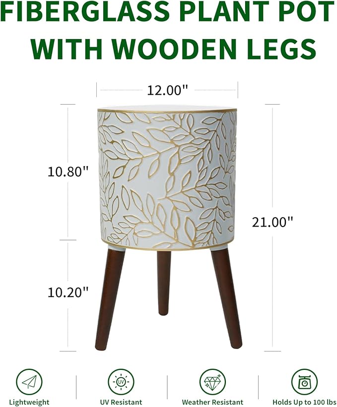 12inch Plant Pots with Wood Planter Holder Indoor Flower Pot with Gold Floral Embossed Modern Planters with Drainage Holes for Living Room, Office, Garden or Balcony