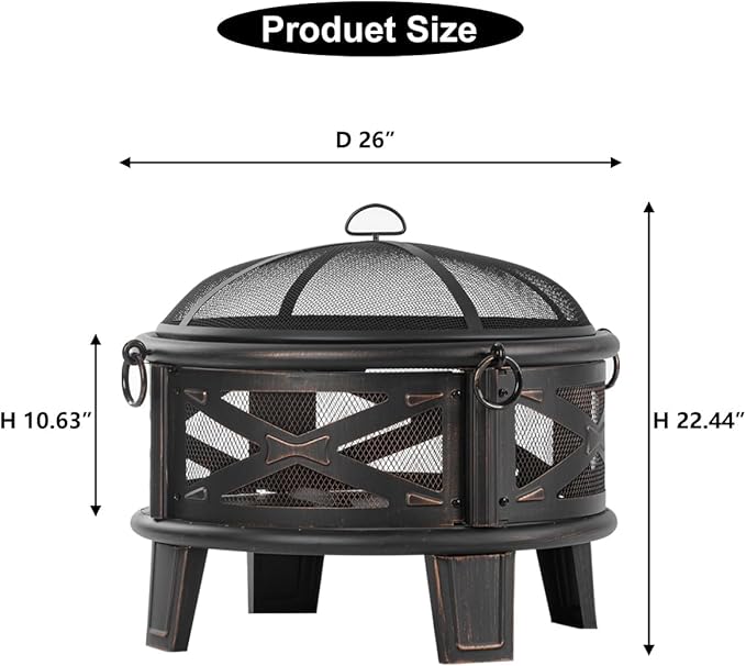 Breezz 26 Inch Wood Burning Fire Pit with Cooking Grill and Spark Screen, Outdoor Metal Round Firepit for Patio, Backyard, Bonfire Party, Camping