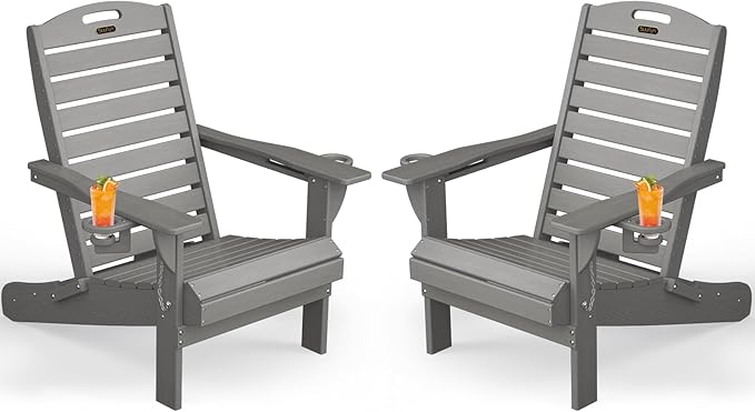 Adirondack Chairs Set of 2, Outdoor Fire Pit Chairs, HDPE All-Weather Adirondack Chairs with Cup Holder, Lawn Chair for Deck, Patio, Garden (Grey)