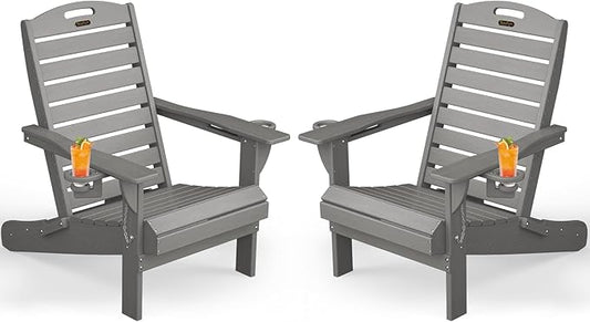 Adirondack Chairs Set of 2, Outdoor Fire Pit Chairs, HDPE All-Weather Adirondack Chairs with Cup Holder, Lawn Chair for Deck, Patio, Garden (Grey)