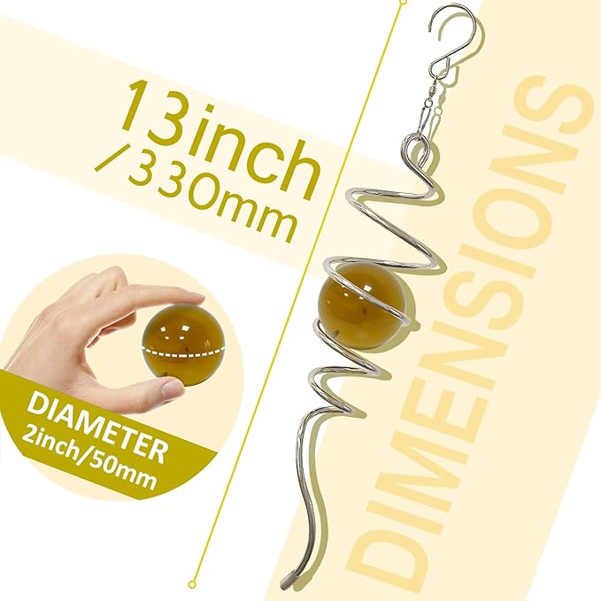 Gazing Ball Spiral Tail Wind Spinner,Decorative Wind Spinner 11inch Tail and 2 inch Glass Orb. Indoor Outdoor Wind Spinner Tail Sun Catcher Garden Decoration-13 inch Height(Gold)