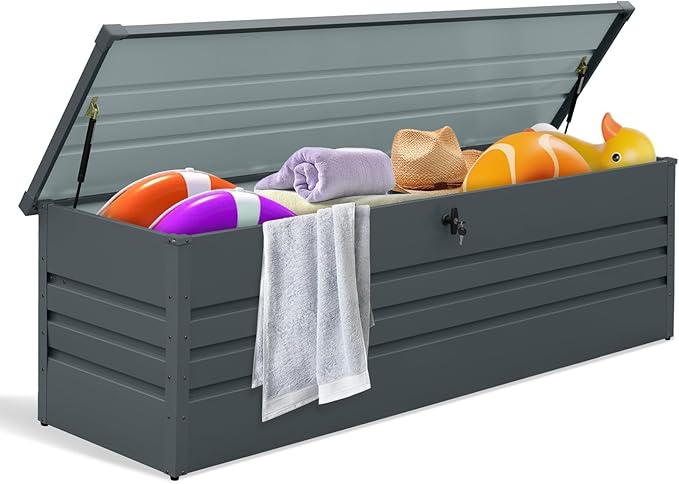 260 Gallon Metal Outdoor Storage Box Waterproof, Extra Large Deck Box and Patio Cushion Box for Storing Gardening Tools, Pool Supplies
