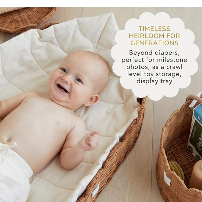 BEBE BASK Premium Baby Changing Basket - Artisan-Crafted Scalloped Rattan - Changing Basket for Baby Dresser - All Accessories Included - Complete Set for Nursery (Mocca)