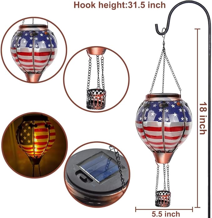 2PCS Solar Hot Air Balloon Lanterns with Flame with Shepherd's Hooks, Glass Hanging Flickering Lights Outdoor Waterproof for Garden Tree Yard Patio Mother's Day Gift, 18" H Flag