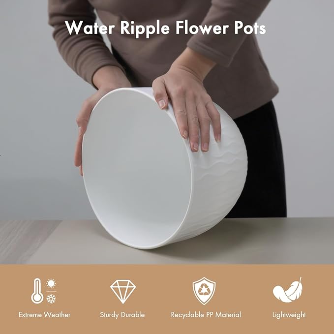 12 Inch Wide Water Ripples Flower Pots for Indoor or Outdoor Plants, Large Plant Pots with Drainage Holes & Saucer, Plastic Planters Set for Garden & Home Decor (White with Black Speckles)