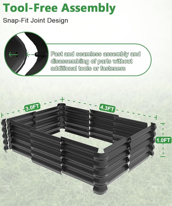 4.3x3.0x1.0ft Raised Garden Bed Kit, Rustproof PP Material Garden Box, Flower Bed with Tool-Free Assembly Design, Rectangular Planter Boxes for Outdoor Vegetables Flower Fruit Herb, Black