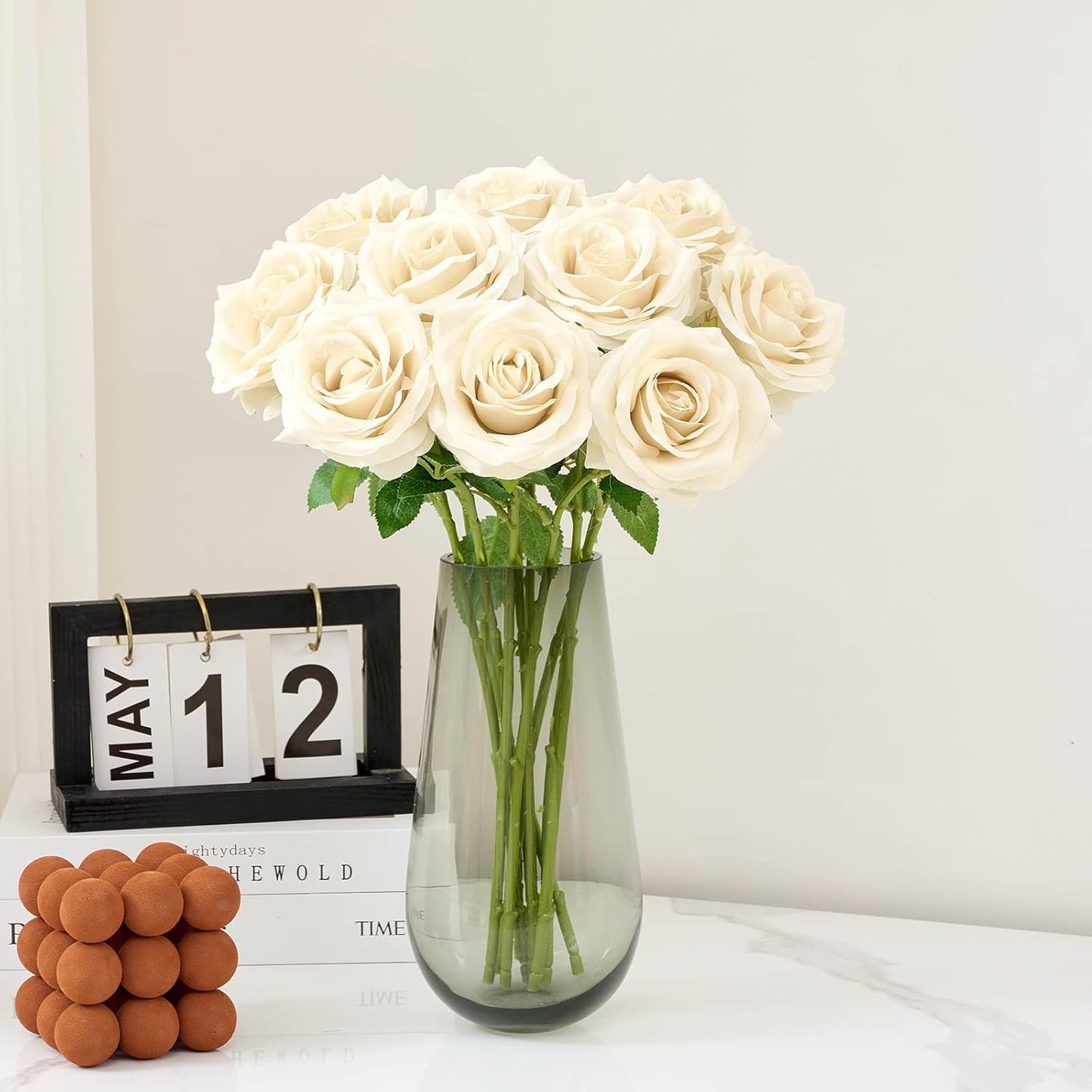 Artificial Rose 10pcs Open Flower Bouquet Faux Rose Stems for Wedding Arrangement, Bridal Bouquet, Centerpiece, Fake Faux Silk Flowers (Beige)