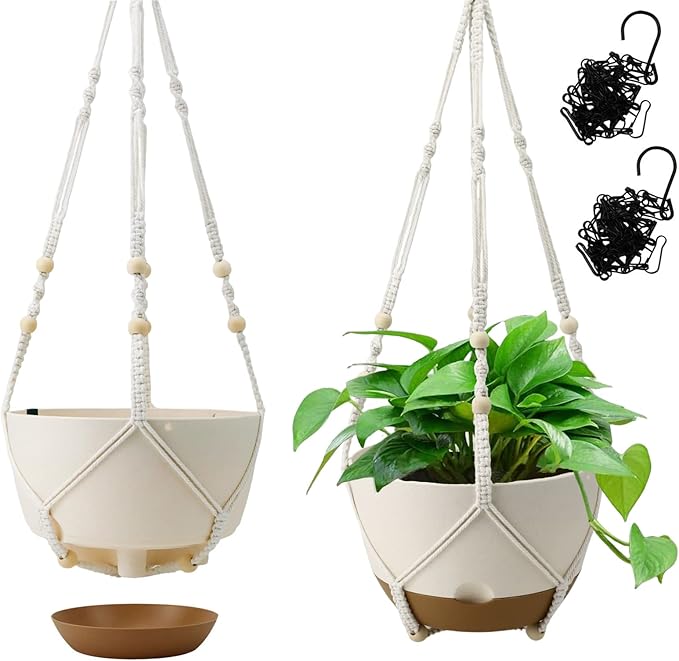 Hanging Planter Self Watering 10 Inch, 2 Pack Indoor Outdoor Hanging Baskets, Hanging Flower Pots with Drainage Hole & 2 Kinds of Plant Hangers for Garden Home Decor(Cream)…