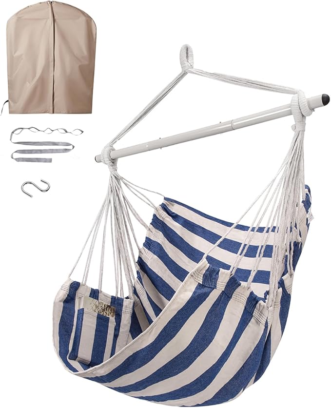 ADVOKAIR Hammock Chair Swing & Cover Set (500 lbs Max) – Hanging Rope Swing for Bedroom, Outdoor, Patio, Porch with Sturdy Steel Bar & Anti-Slip Rings + All-Weather Rain Cover for Storage Protection